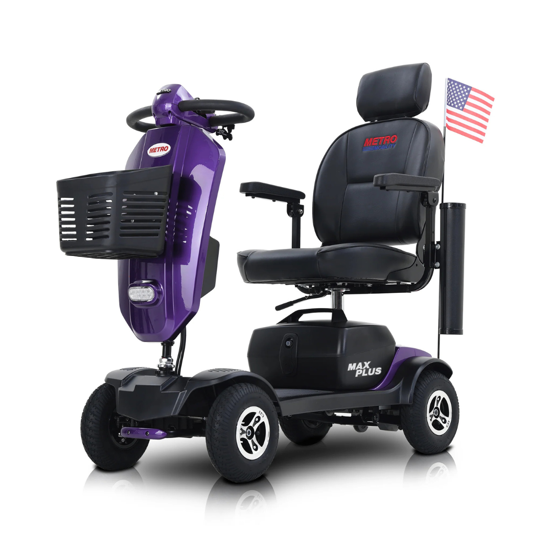 The metro Mobility MAX Plus Scooter is a purple, four-wheel scooter with a black seat, front basket, and an American flag at the back. It features a 300W motor and provides up to 16 miles of range for convenience.